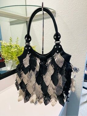 Frosting by Mary Norton Black & Silver Leather Feather-Accent Hobo Bag